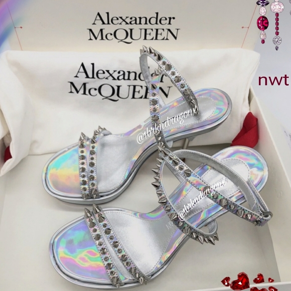 BNIOB ALEXANDER MCQUEEN Leather Silver Iridescent Heels Caged Embellished - Picture 5 of 15